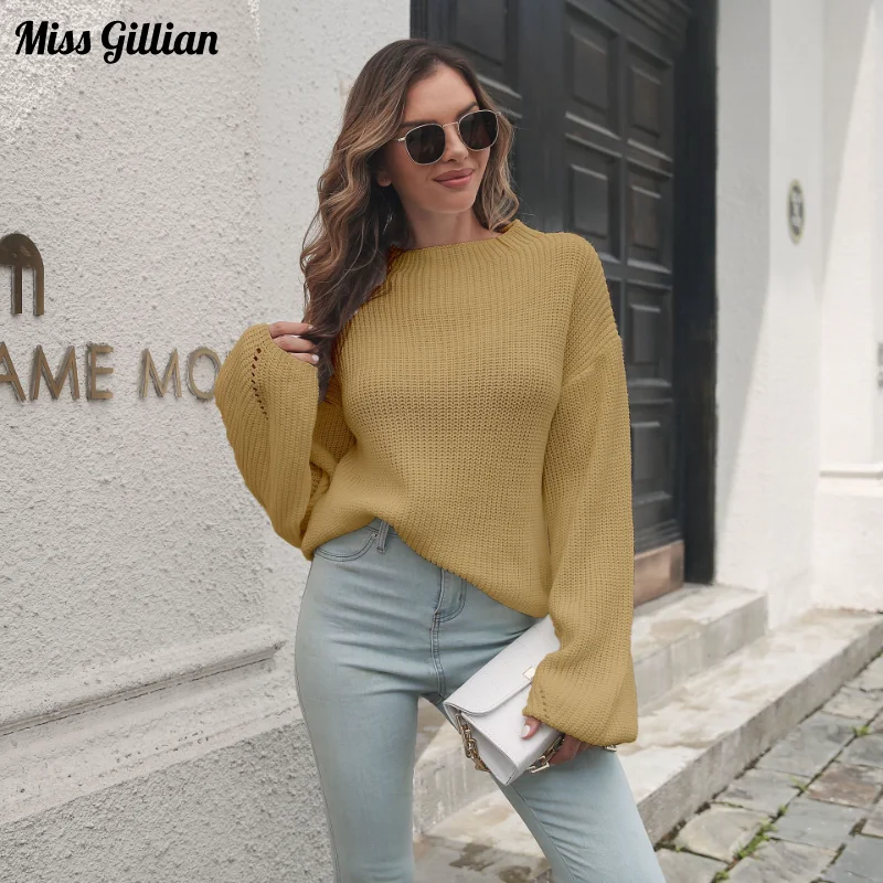 

Белые вязаные свитера, женский топ с полувысоким воротником и рукавами-фонариками, осенняя сохраняющая тепло однотонная Свободная трикотажная одежда с длинным рукавом, Женский пуловер