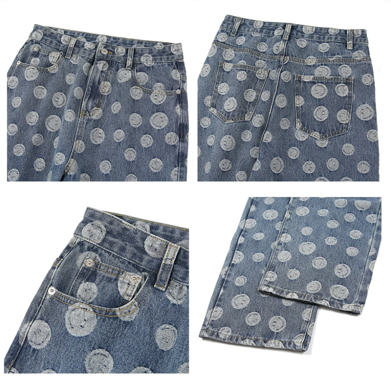 Smiling Face Line Jacquard Jeans Men's Loose Straight Tube All-round Student Pants American Leisure Street Loose Jeans