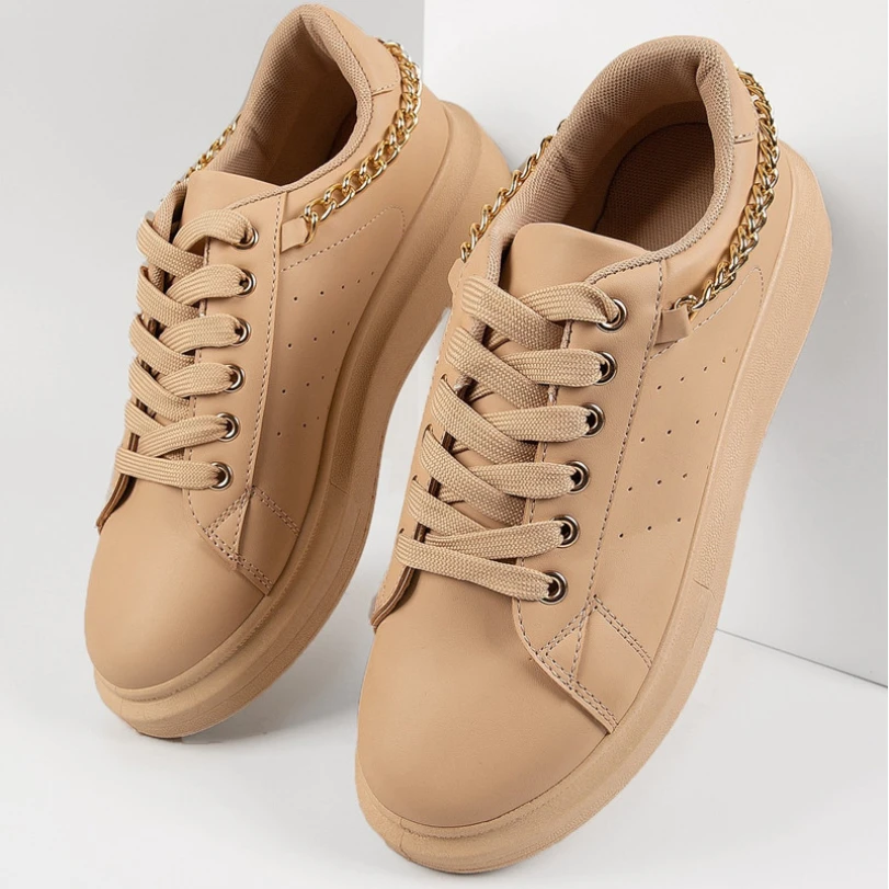 

New Women's Sneakers Fashion Casual Leather Lace - Up Curb Chain Decor Tenis Sports Shoes for Women