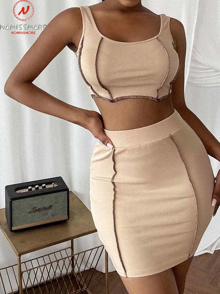 

Women Summer Solid Color 2 Piece Dress Set Patchwork Design O-Neck Sleeveless Short Tanks+Elastic High Waist Slim Hips Skirts