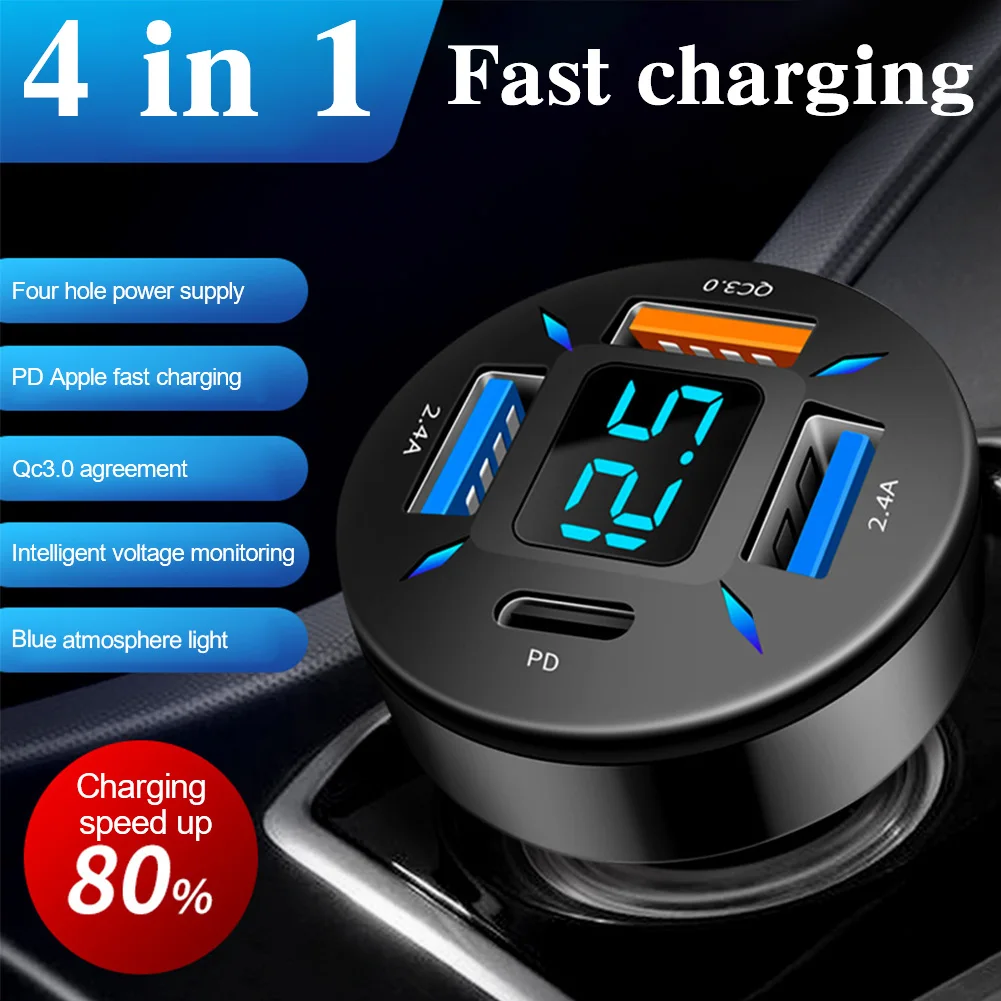 

3.1A PD Quick Car Charger QC3.0 Type C Fast Charging Car Adapter Cigarette Lighter Socket Splitter 4 Ports USB For iPhone Xiaomi