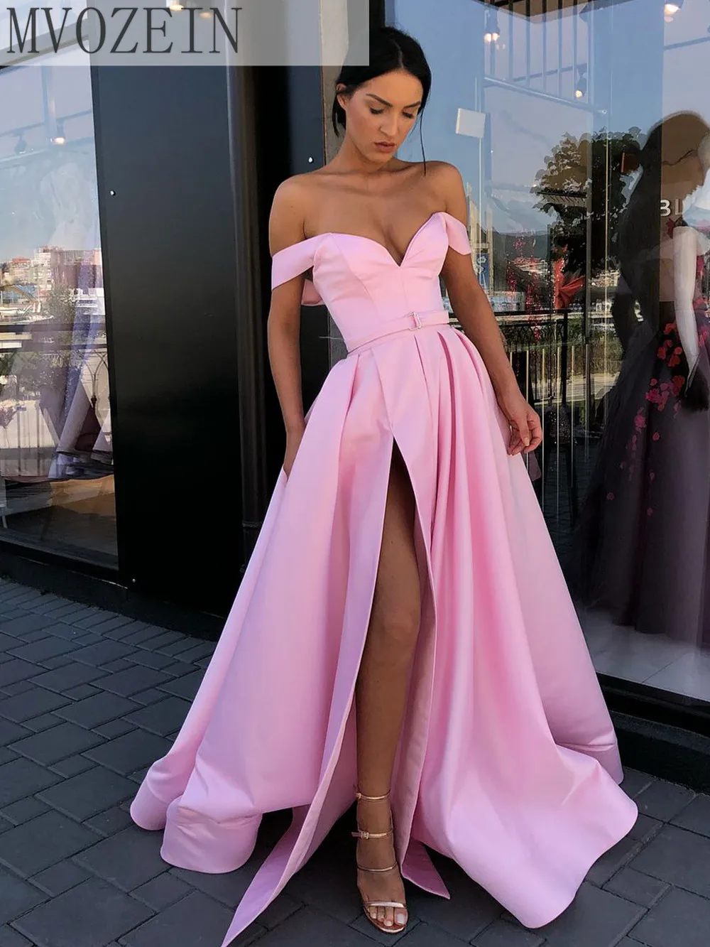 

Элегантное Атласное Вечернее платье, розовое платье для выпускного вечера, вечернее платье с высоким разрезом, длинное официальное платье, вечерние платья