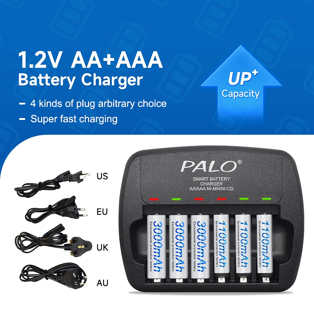 

PALO 1.2V rechargeable battery ni-mh AA 3000mAh / AAA 1100mAh batteries With 6 slots 1.2V AA/AAA battery LED Fast Charger