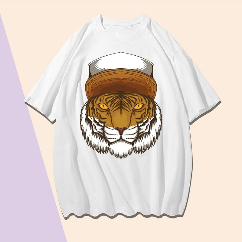 

Plus Size Loose Print T Shirt Cotton Animal Tiger Pattern Short Sleeve Round Neck T Shirts XXL Pullover Summer Sportswear