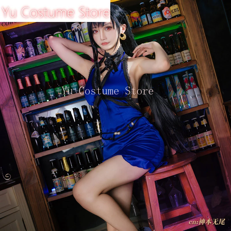 Аниме! Final Fantasy 7 костюм Тифа Локхарт синее платье сексуальная униформа
