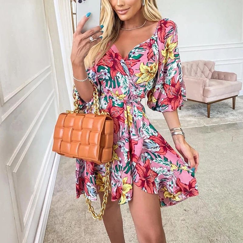 

STYLISH LADY Floral Printed Beach Dress 2022 Summer Women Half Sleeve V Neck Big Swing Casual Loose Mini Dress
