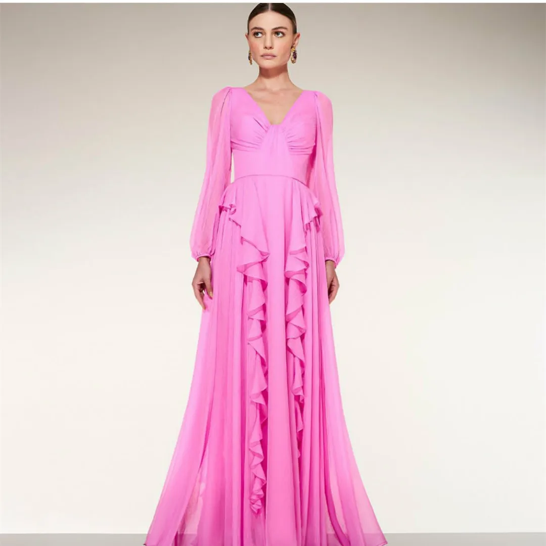 

Женское винтажное платье с V-образным вырезом, розовое ТРАПЕЦИЕВИДНОЕ ПЛАТЬЕ до пола с оборками, вечерние платья с рукавами, жаккардовые платья для выпускного вечера