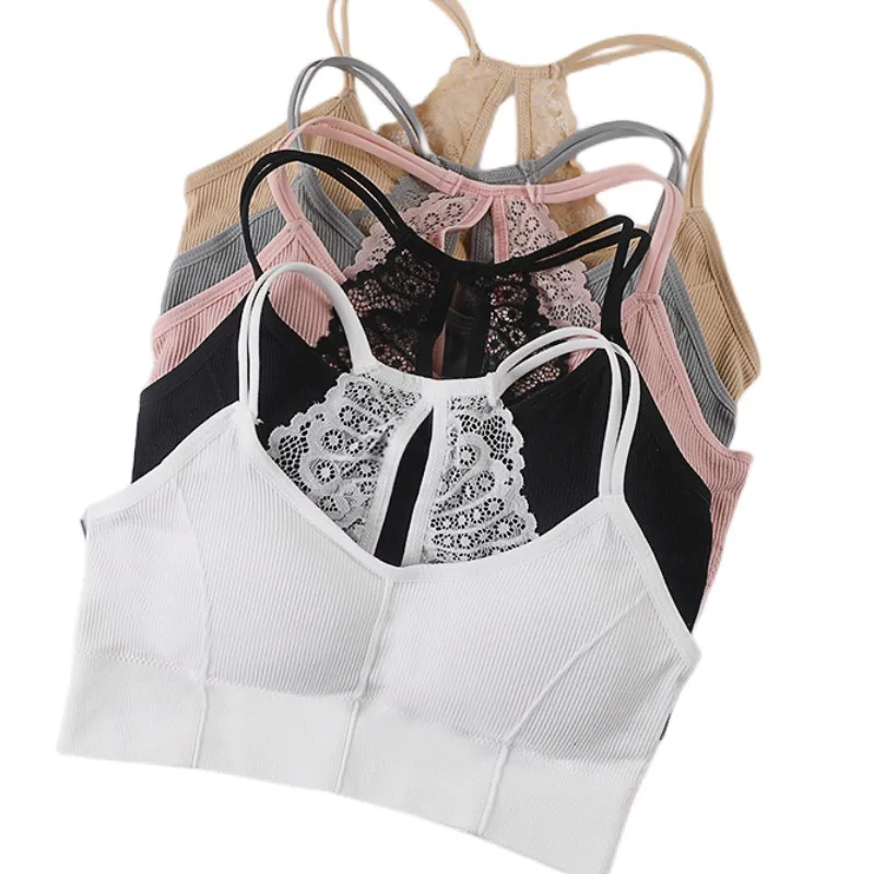 

Women Seamless Bras Crop Top Beauty Back Lace Underwear Female Intimates Sexy Lingerie Removable Pads Camisole Femme