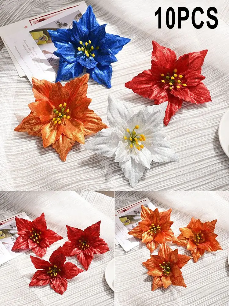 

10pcs Christmas Artifical Flowers Glitter Poinsettia For Christmas Tree Ornaments Fake Flower Xmas Navidad Happy New Year 2023
