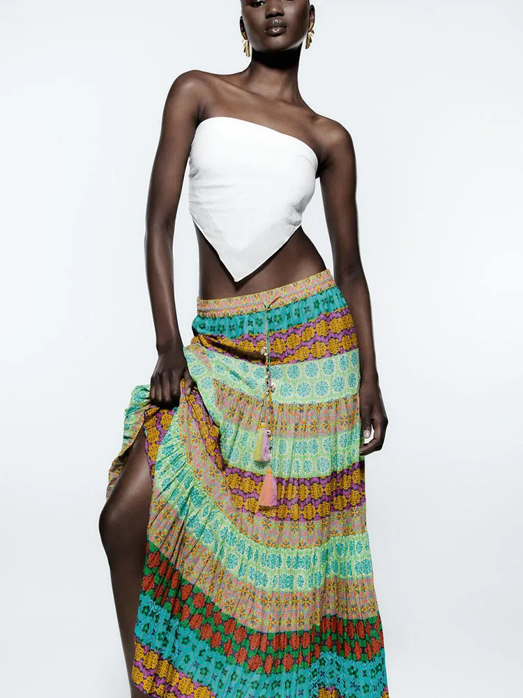 

Summer New Women's High Waist Elastic Waist Tie Design Hem Layered Decorative Print Long Skirt
