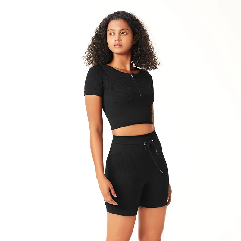 2PCS Yoga Set Women Workout Sportswear Zipper Short Sleeves Drawstring Shorts Running Clothing Gym Wear Athletic Sport Suits