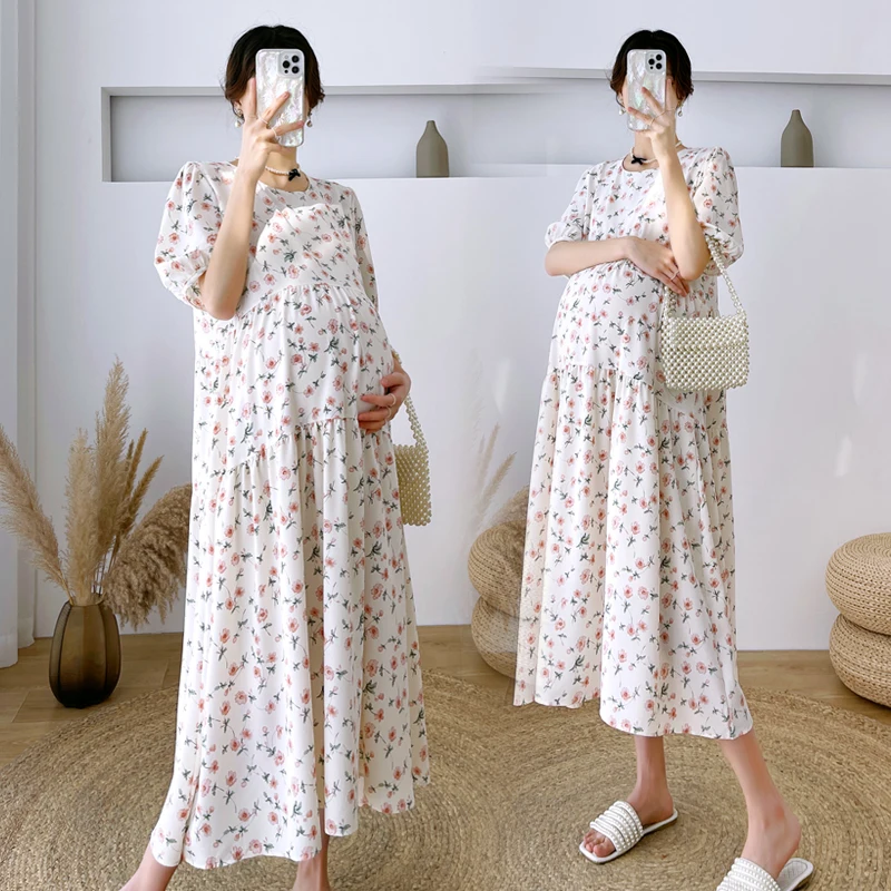 

9127# Summer Fashion Floral Printed Chiffon Maternity Long Dress Loose Straight Clothes for Pregnant Women Pregnancy OL Clothing
