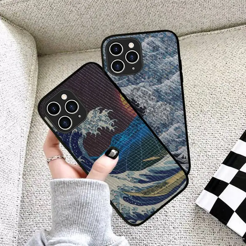 

RuiCaiCa Japanese Wave Phone Case Hard Leather Case for iPhone 11 12 13 Mini Pro Max 8 7 Plus SE 2020 X XR XS Coque