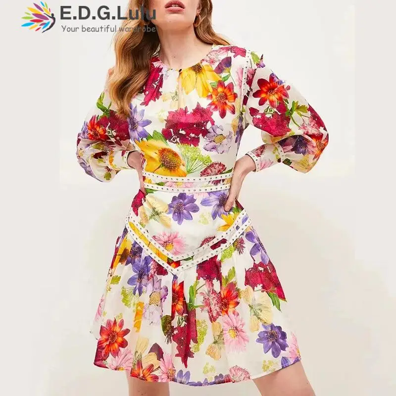

EDGLuLu Summer Leisure Beach O-neck Long Sleeve Print A-line Mini Dresses For Women 2022 Party Cute Outfits Streetwear 0609