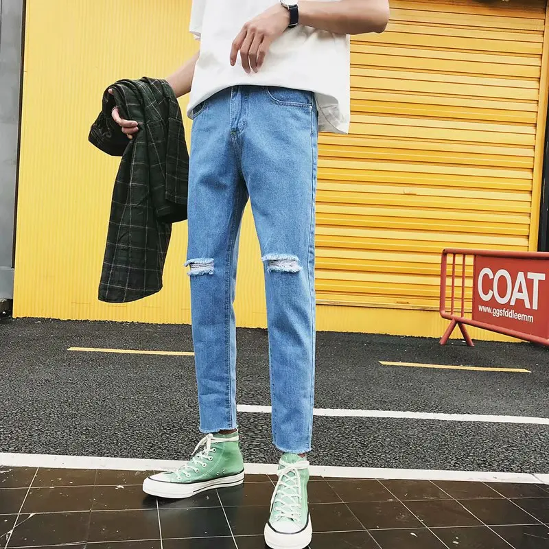 Top Quality 2022 Fashion Teenager Casual Men's Knee Hole Design Light Blue Hip Hop Leisure Ankle Length Jeans Men Erkek Pantolon