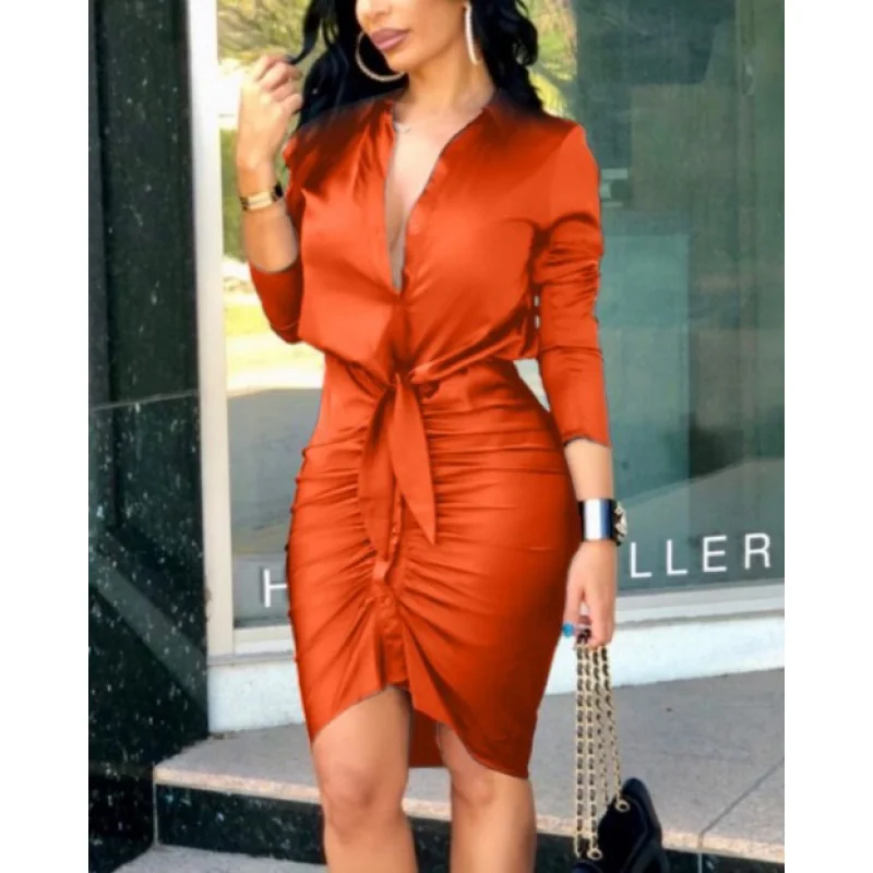 

Women shirt dress European And American-Style21New Lace-up Solid Color Long Sleeve Midi Shirt Dress