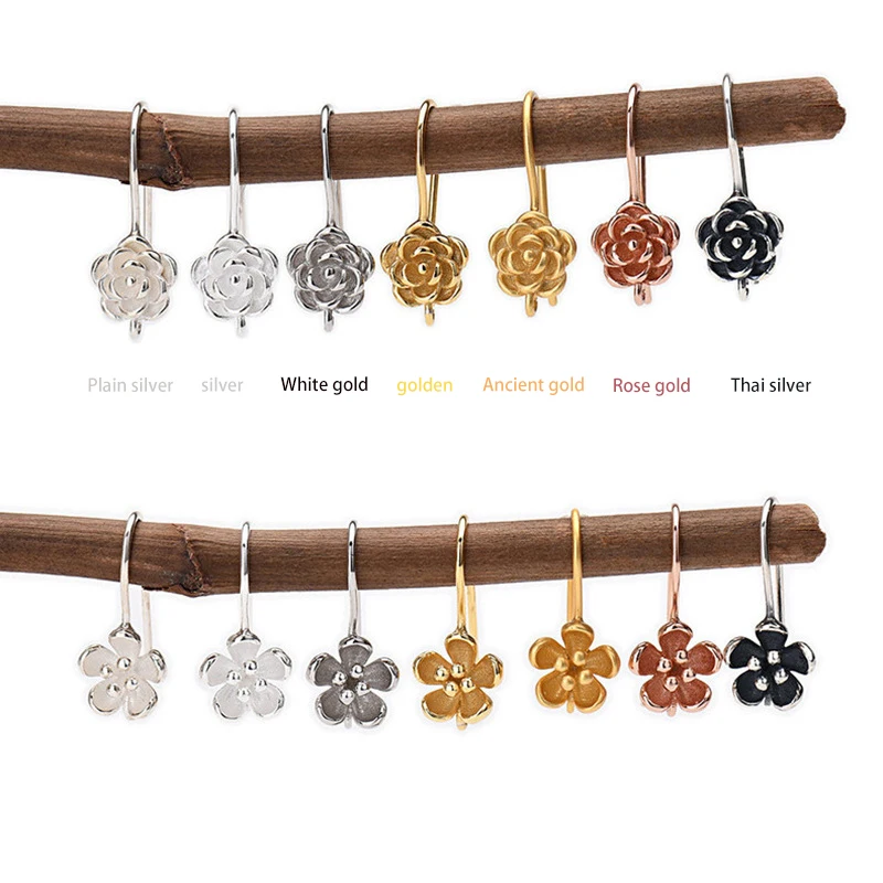 S925 Sterling Silver Ear Hooks Thai Silver Flower Ear Hooks Ancient Gold Earrings Semi-Finished Crystal Diy Earrings Accessories