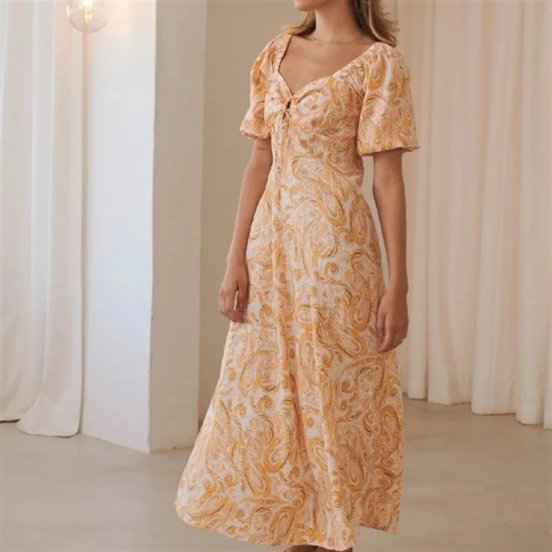 

Fashion Women's Short Sleeve Printed Chest Tie Wrap Maxi Dress