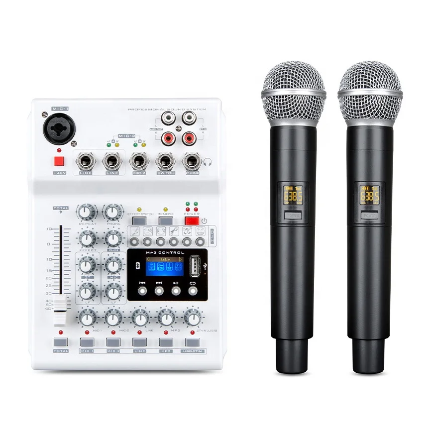 

2 Channel Wireless Handheld Microphone with USB BT Audio Sound Mixer Kit/Professionl Audio UHF dual channel wireless Mic mixer
