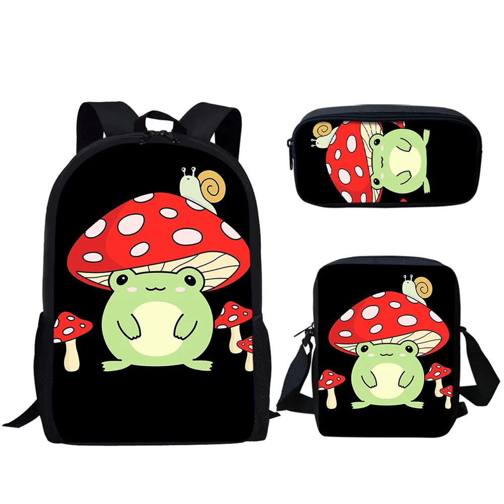 Belidome 3Pcs School Bag Set Funny Frog with Mushroom Hat Print School Backpack for Teenager Girls Boys Kids Schoolbag Bookbags