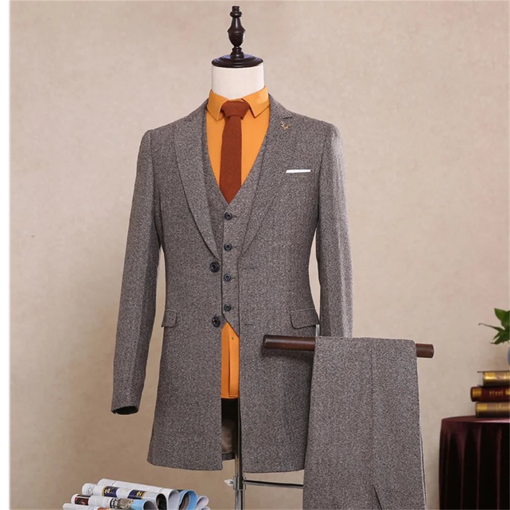 

Autumn England Vintage Tweed Suit For Men 3 Piece Slim Fit Long Jacket Coat Man Herringbone Costume Homme Casual Blazer Set
