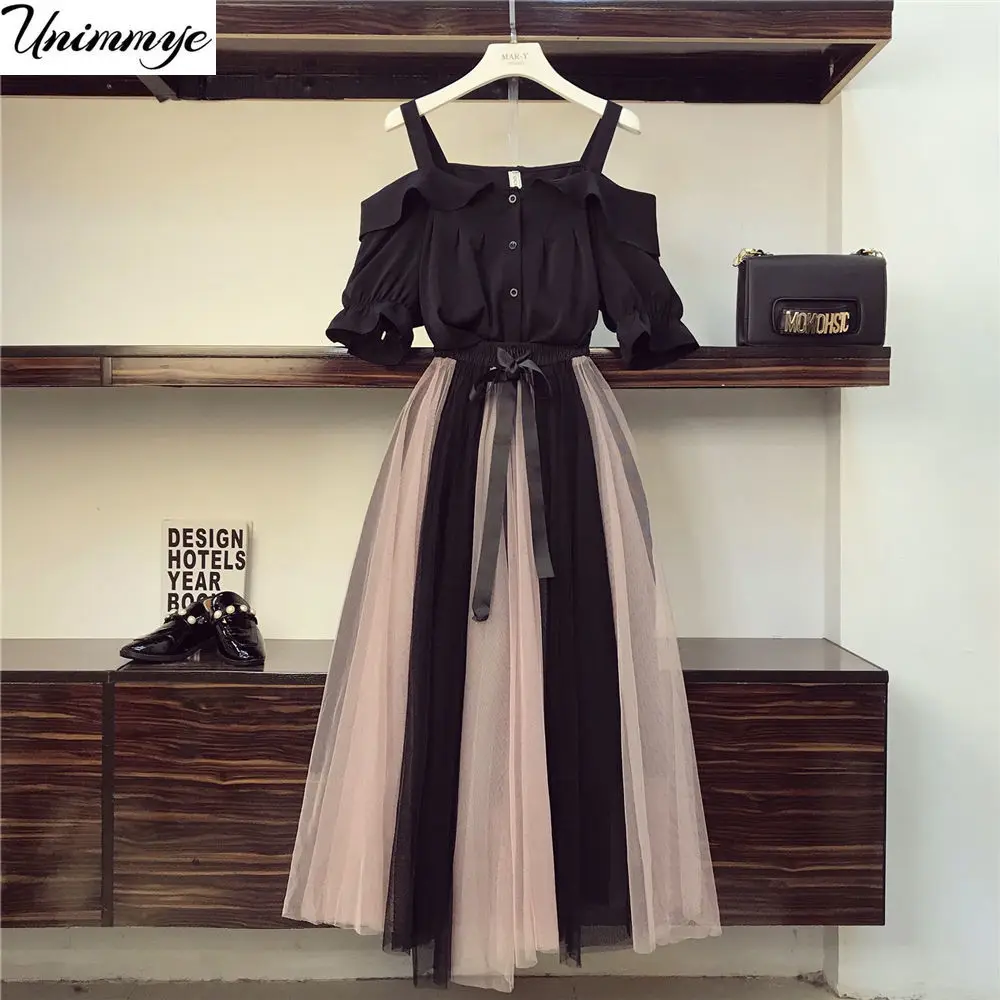  Women Off Shoulder Solid Shirts  +  Long Mesh Skirts Fashion Sets Summer Casual Ruffles Slash Neck Female Suits H83