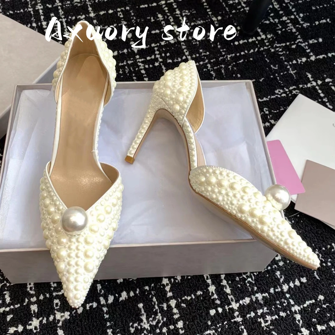 Women High Heels Bride Party Shoes Lady Pointed Toe Slip-on Pumps Runway Thin Heels Shoes Woman Pearl Shoes White