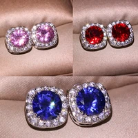 big ziron stone pink red blue silver color cute round stud earrings for women korean earrings 2022 new