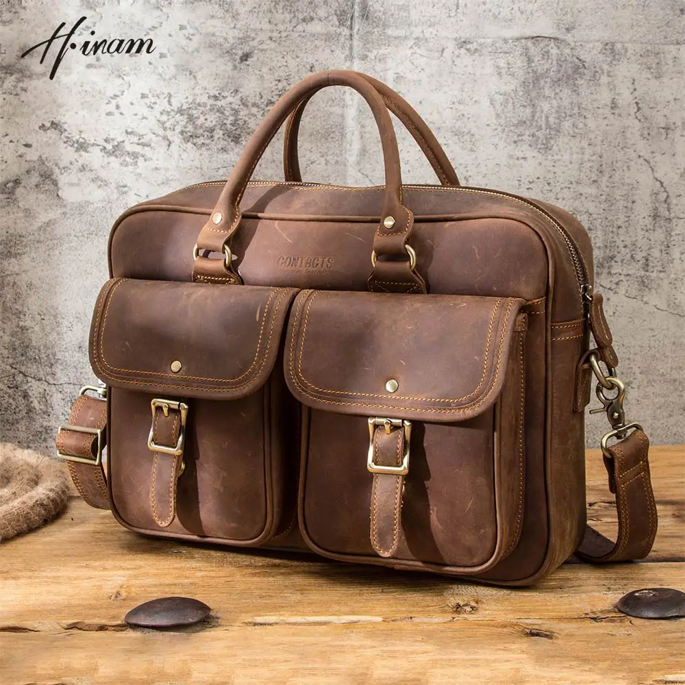 Men's Briefcases Crazy Horse Leather Shoulder Messenger Bag Male Portfolio 13