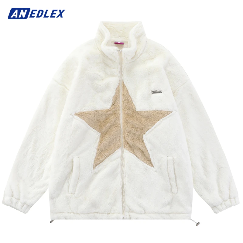 Hip Hop Streetwear White Jacket Coat Furry Fleece Jacket Star Embroidery Harajuku Jacket Parkas Men Winter Cotton Warm Outwear