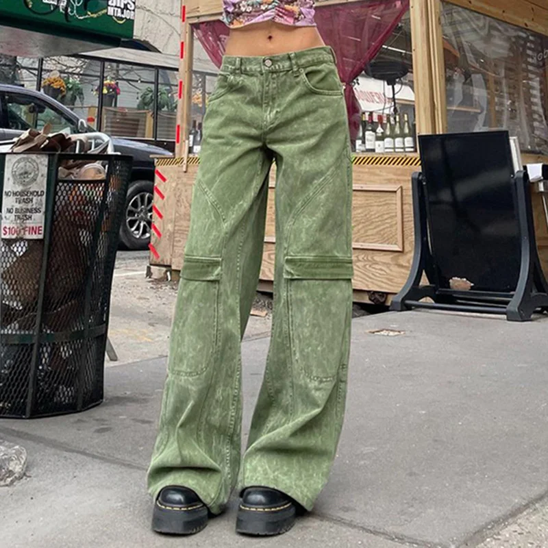 

Street Style Distressed Washed Line Split Overalls Jeans High Waist Spice Girls Stitched Straight Cargo Y2k Pants Drop Shipping