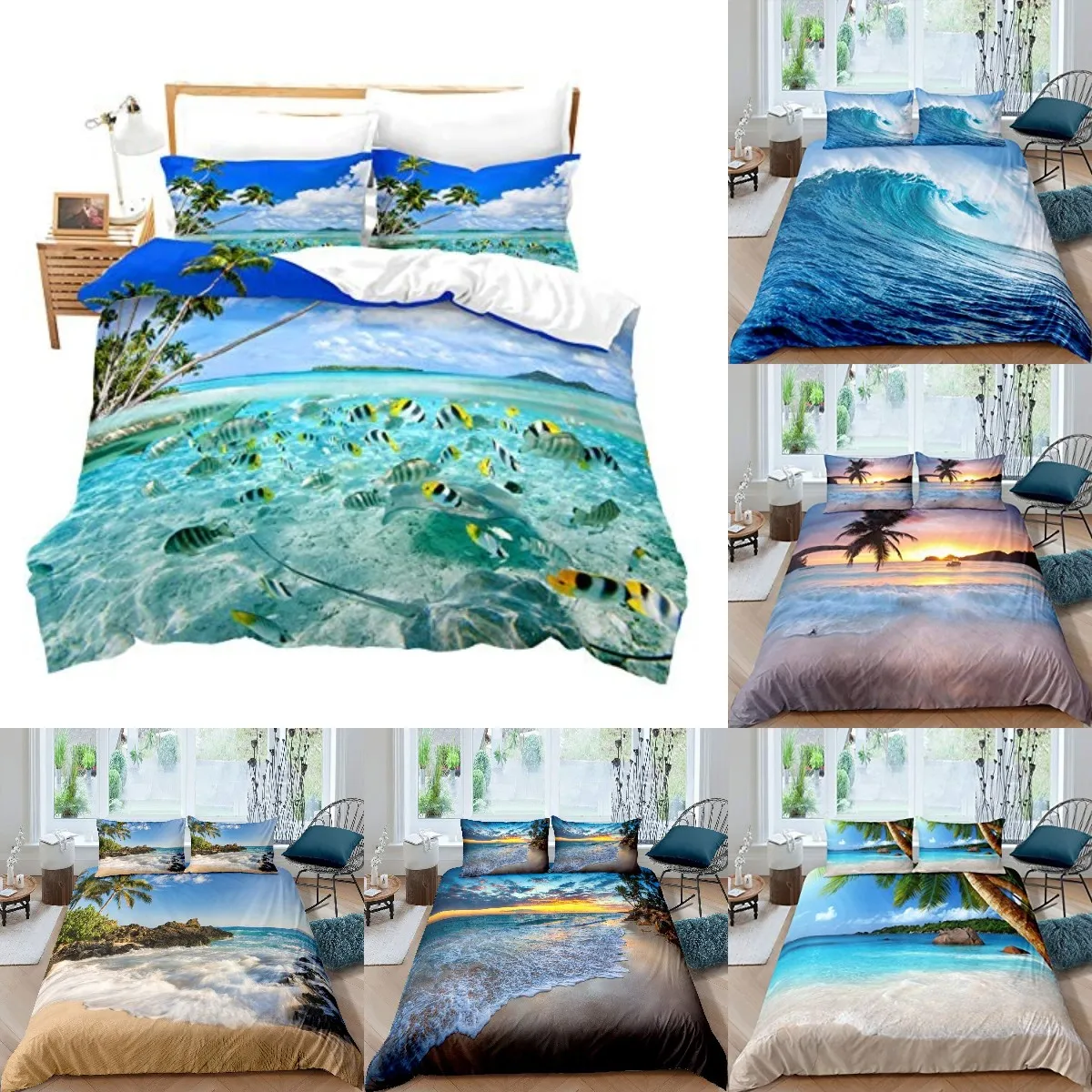 

Juego de funda nórdica de playa para niños, ropa de cama con estampado Tropical Hawaiano, edredón de poliéster de microfibra