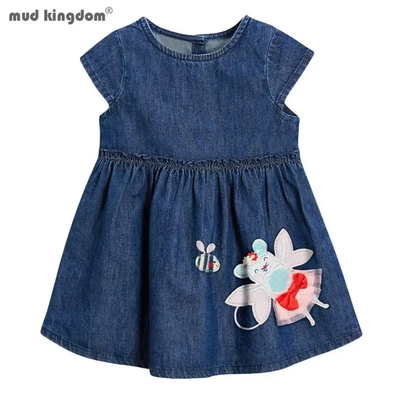 

Mudkingdom Fashion Girls Denim Dress Short Sleeve Flower Bee Embroidered Dresses for Children Clothes Kids Summer Clothes