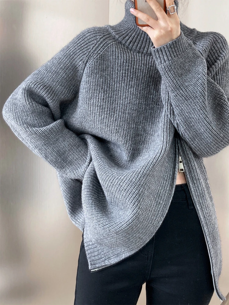 

Women's Sweater 2023 Autumn Winter Lazy Casual Design with Double Head Oblique Zipper High Neck Knit Sweater Women's Clothing