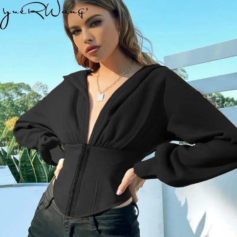 

Женские толстовки yuerwang, хлопковая Женская толстовка с капюшоном, однотонные облегающие Универсальные женские Топы с длинным рукавом и высокой талией на осень и весну