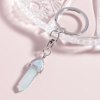 new natural hexagonal column quartz stone keyrings sun moon yoga pendant keychain women bag car hanging jewelry accessories