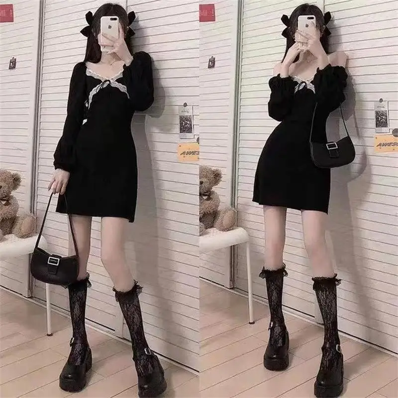 

Платье-мини женское кружевное с V-образным вырезом и длинным рукавом