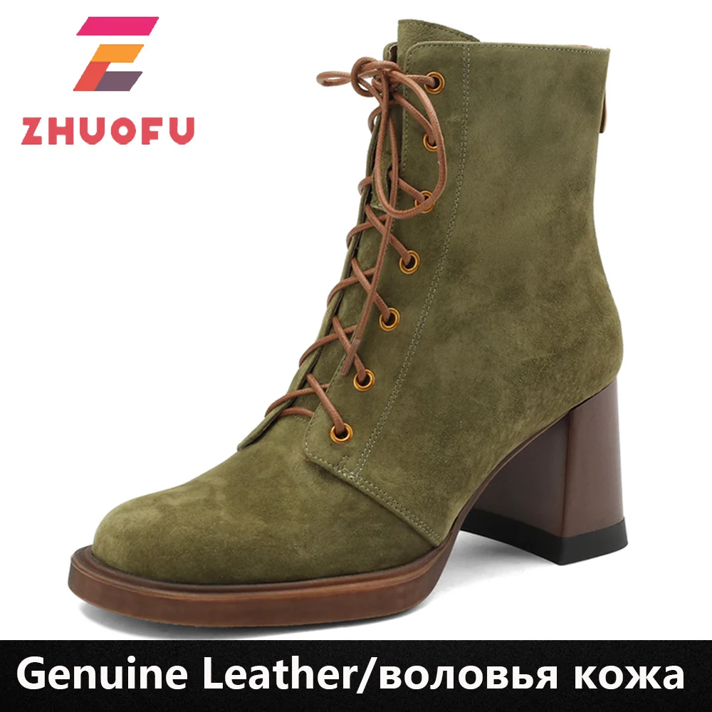 

ZHUOFU Women Shoes Genuine Leather Chunky High Heels Zipper Green Dress Party Motorcycle Ankle Boots Shoes Autumn Winter