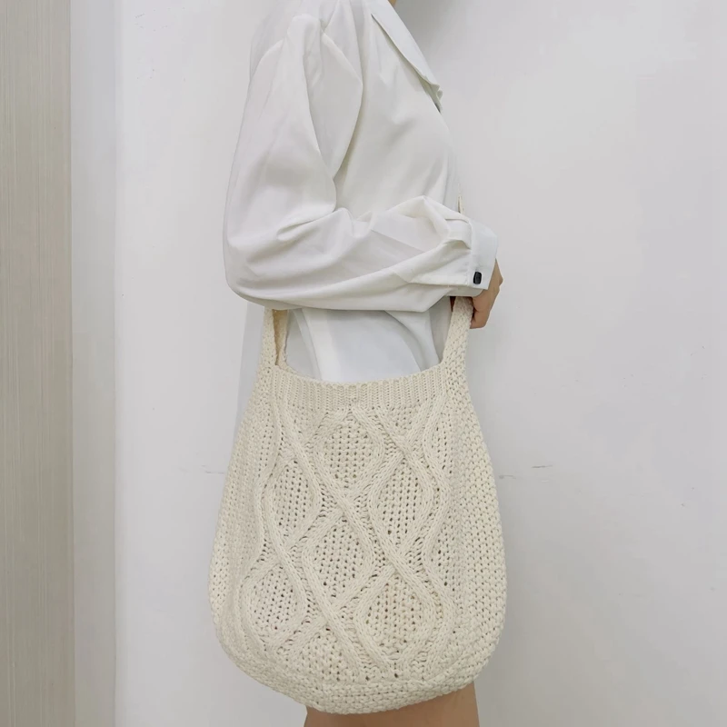 Fashion Knitted Bucket Bags for Women Large Capacity Travel Crossbody Bags Ladies Weave Casual Shopping Messenger Handbag