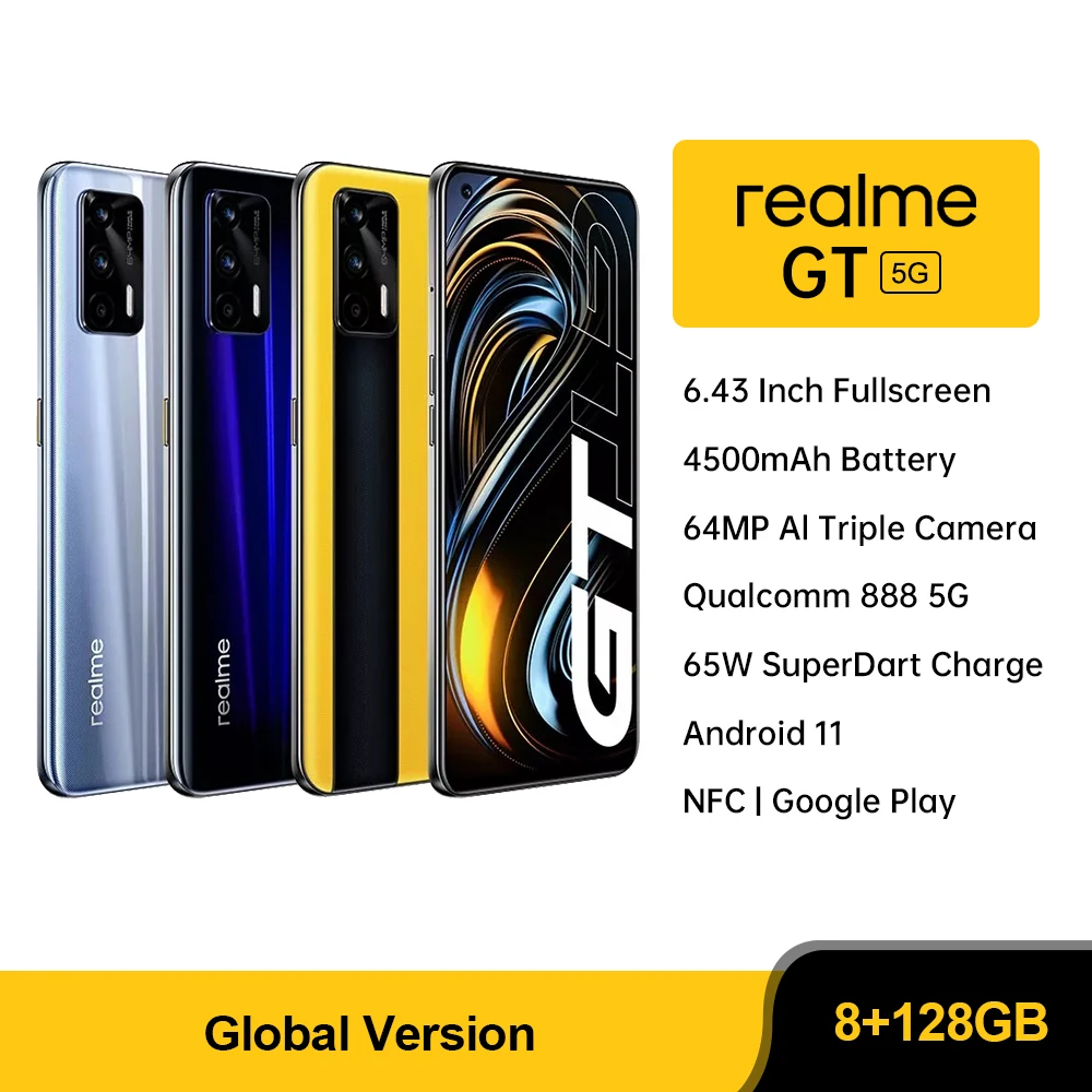 

Global Version realme GT 5G Smartphone Snapdragon 888 Octa Core 65W Super Dart Charge 120Hz 6.43" AMOLED 8GB 128GB NFC 4500mAh