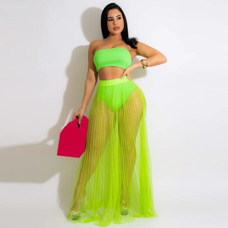 

WUHE Beach 2022 Women's Set Big Swing Maxi Pleated Mesh See Though Skirt and Strapless Crop Top Two Piece Long Matching Set