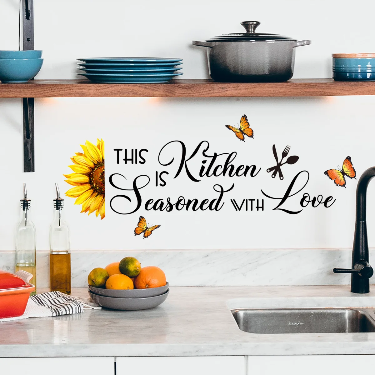 

20*60cm English Kitchen Sunflower Butterfly Cartoon Wall Sticker Kitchen Restaurant Decoration Creative Mural Study Wall Sticker