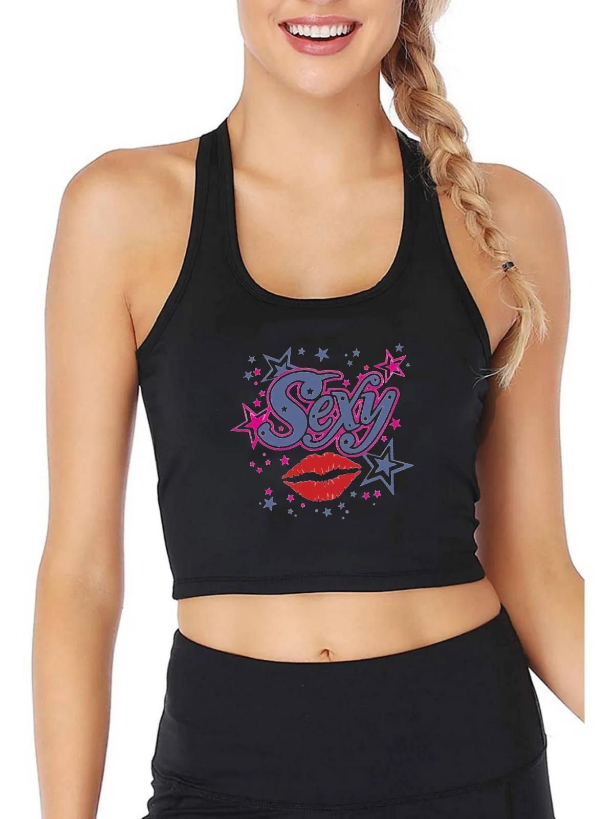 

Colorful Star Pattern Sexy Red Lip Print Breathable Slim Fit Tank Top Women's Yoga Sport Training Crop Tops Summer Camisole