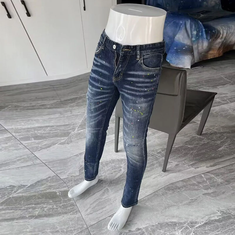 Street Fashion Men Jeans High Quality Retro Blue Elastic Stretch Skinny Ripped Jeans Men Painted Designer Hip Hop Brand Pants