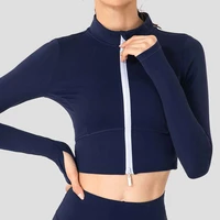 stand collar yoga jacket women zipper running fitness shirts long sleeve crop top cropped sweatshirt sport hoodie