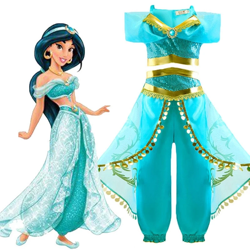 

Disney Aladdin Jasmine Princess Cosplay Costume for Lovely Kids Girls Halloween Party Evening Clothing Set 2-piece Outfits