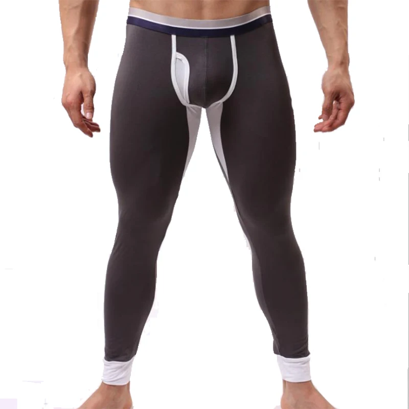Men Modal Long Johns Thermal Underwear Men Sexy Penis Hole Leggngs Printing Male Thermal Pants Bulge Pouch Lounge Sleep Bottoms