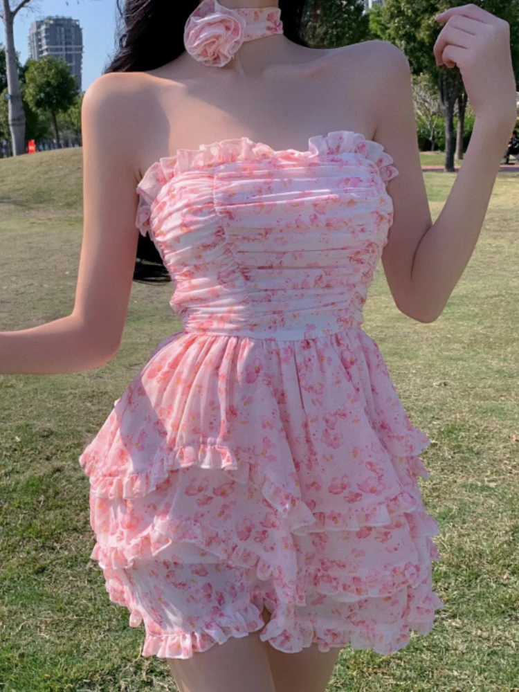 France Floral Sexy Dress Women Summer Pink Elegant Party Mini Dresses Female Sleeveless Patchwork Holiday Korean Chic 2022 |