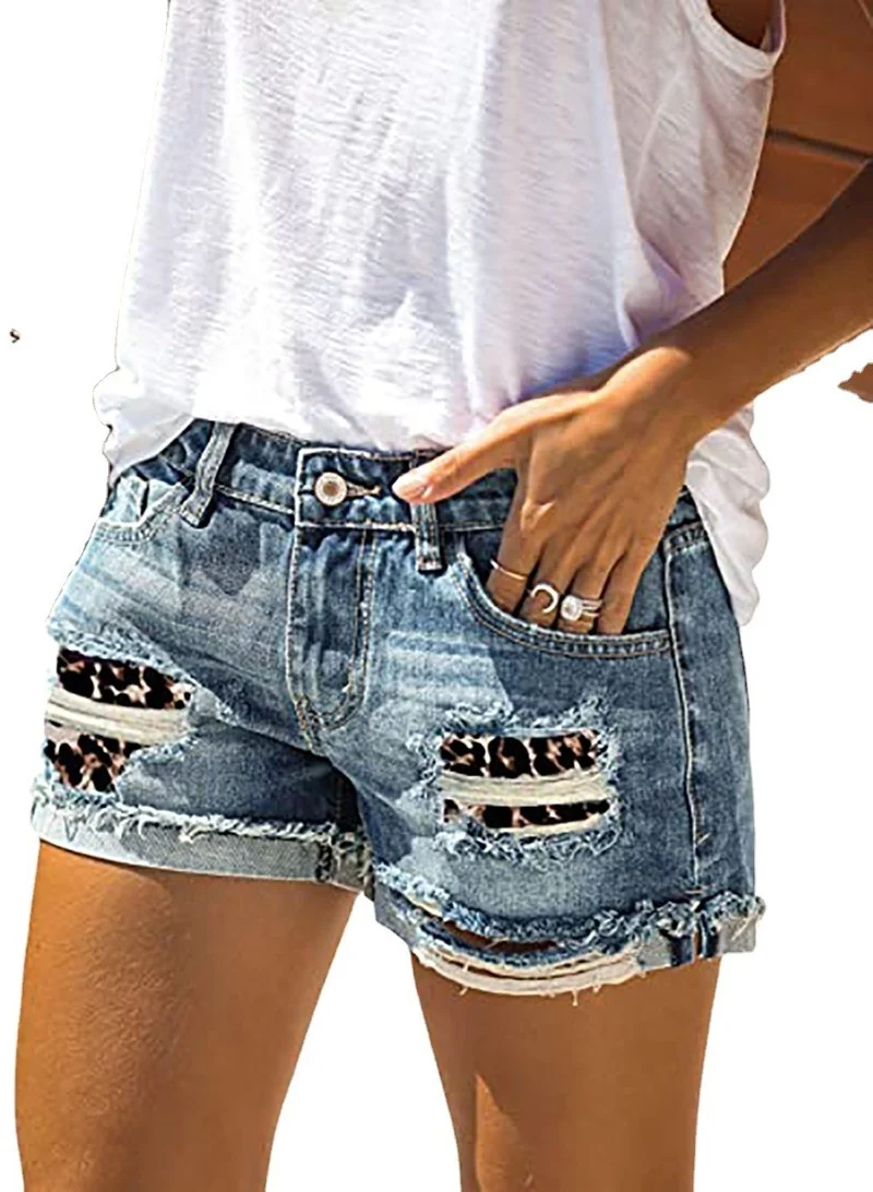 Female Fashion Casual Denim Shorts Summer New Women's Leopard Camouflage Ripped Patch Jeans Office Lady Mid Waist Straight Short