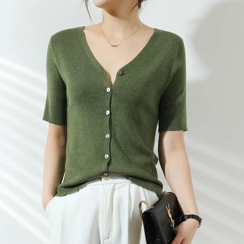 

Summer new vest women's V-neck cardigan casual knitted short-sleeved tops women's slim T-shirt half-sleeve pure wool sweater